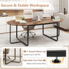 95-inch oval conference table in rustic brown with T-shaped metal legs and dual cable holes for organized meetings.