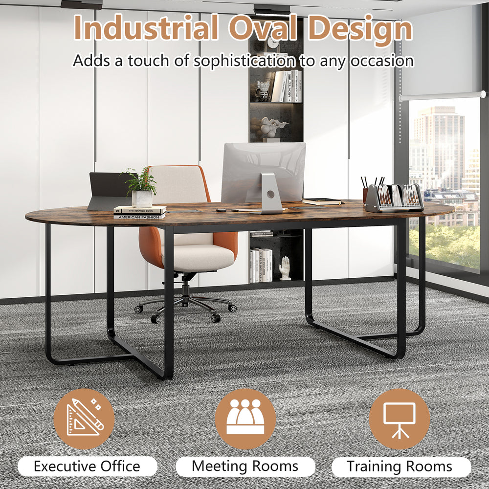 95-inch oval industrial executive table in rustic brown with dual cable holes, ideal for meetings and training rooms.