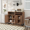 Home wine bar cabinet in brown showcasing a 4-row glass holder and ample storage space for versatile organization.