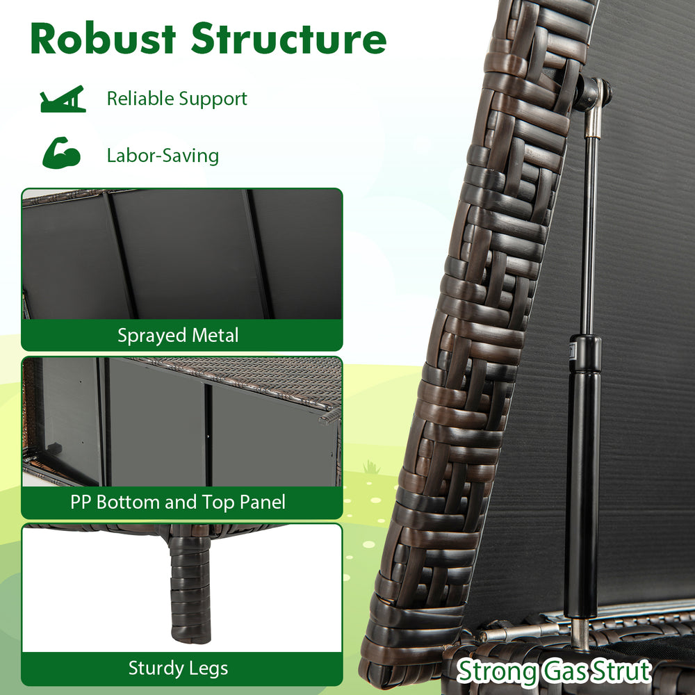 Close-up of the robust structure of the 85-gallon outdoor storage box with PE rattan and sturdy legs for versatile use.