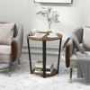 Round end table with a brown chipboard surface and metal frame, featuring a 2-tier design for versatile storage.