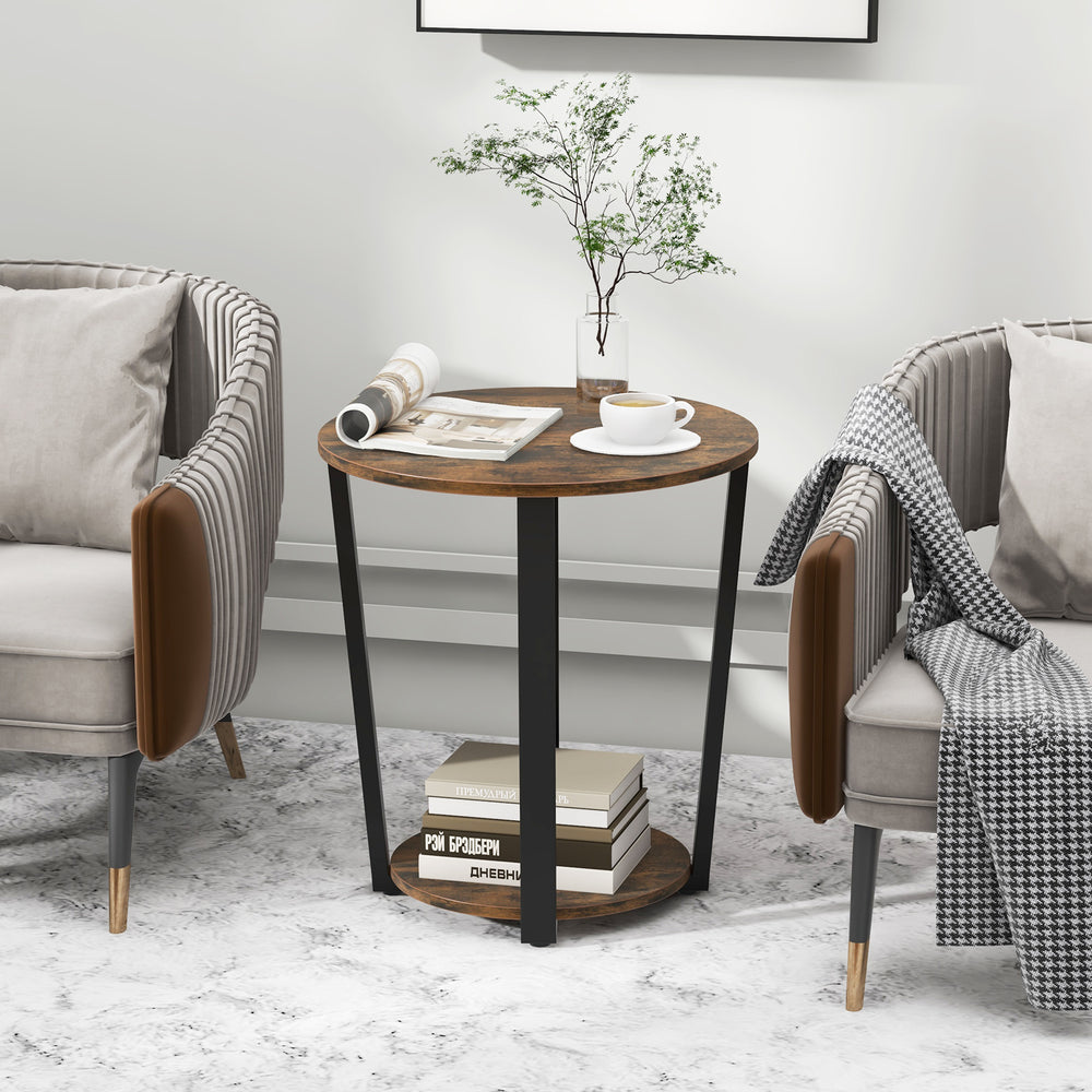 Round end table with a brown chipboard surface and metal frame, featuring a 2-tier design for versatile storage.