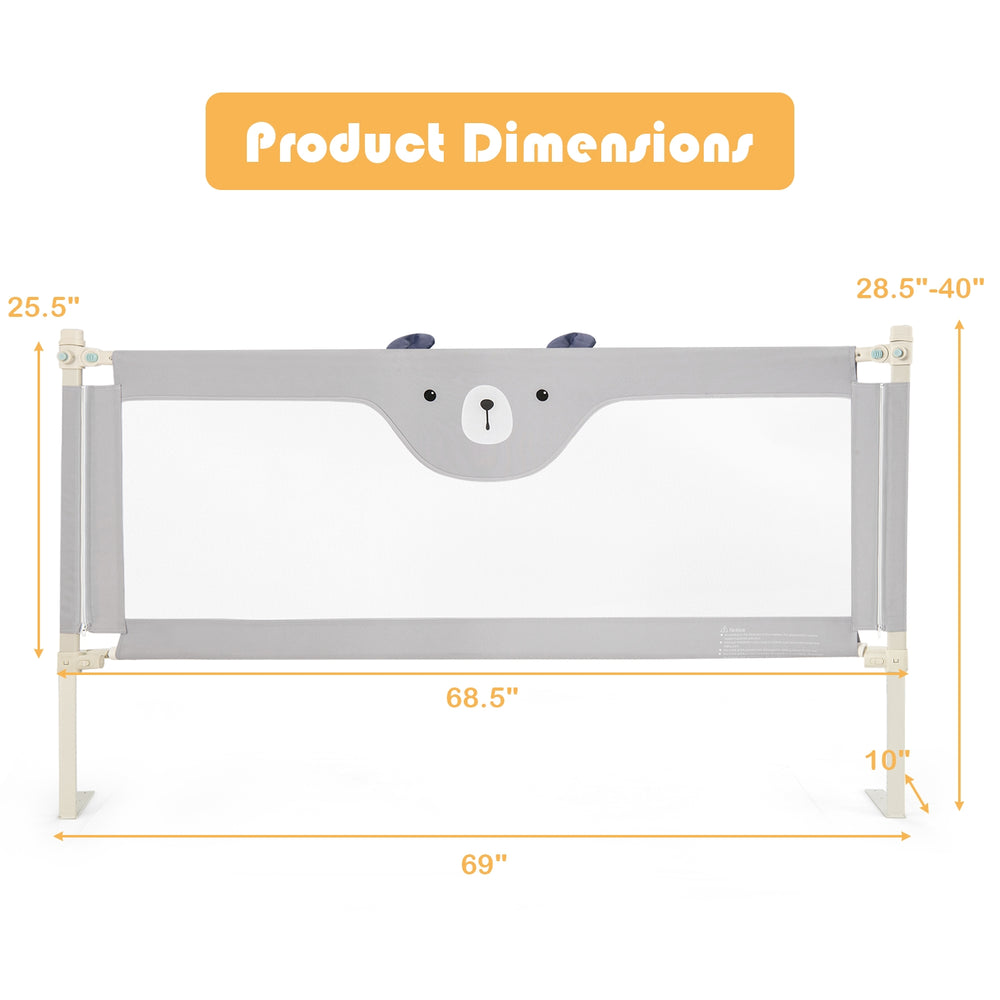 Vertical lifting baby bedrail guard in gray with dimensions shown, designed for safety and compatibility with various.