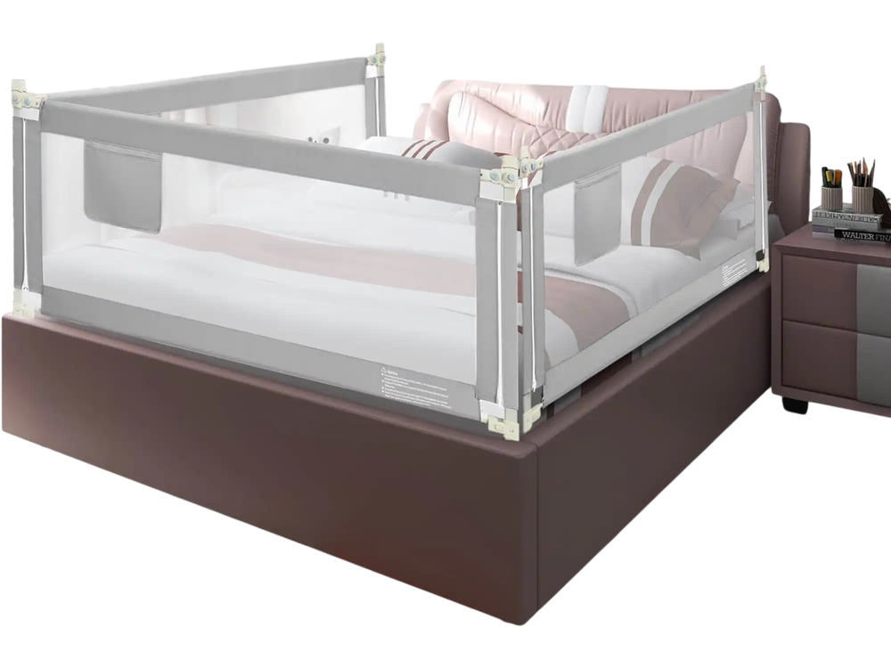 Baby bed rail in gray, 76.8 inches long with double safety lock, designed for stability and seamless protection.