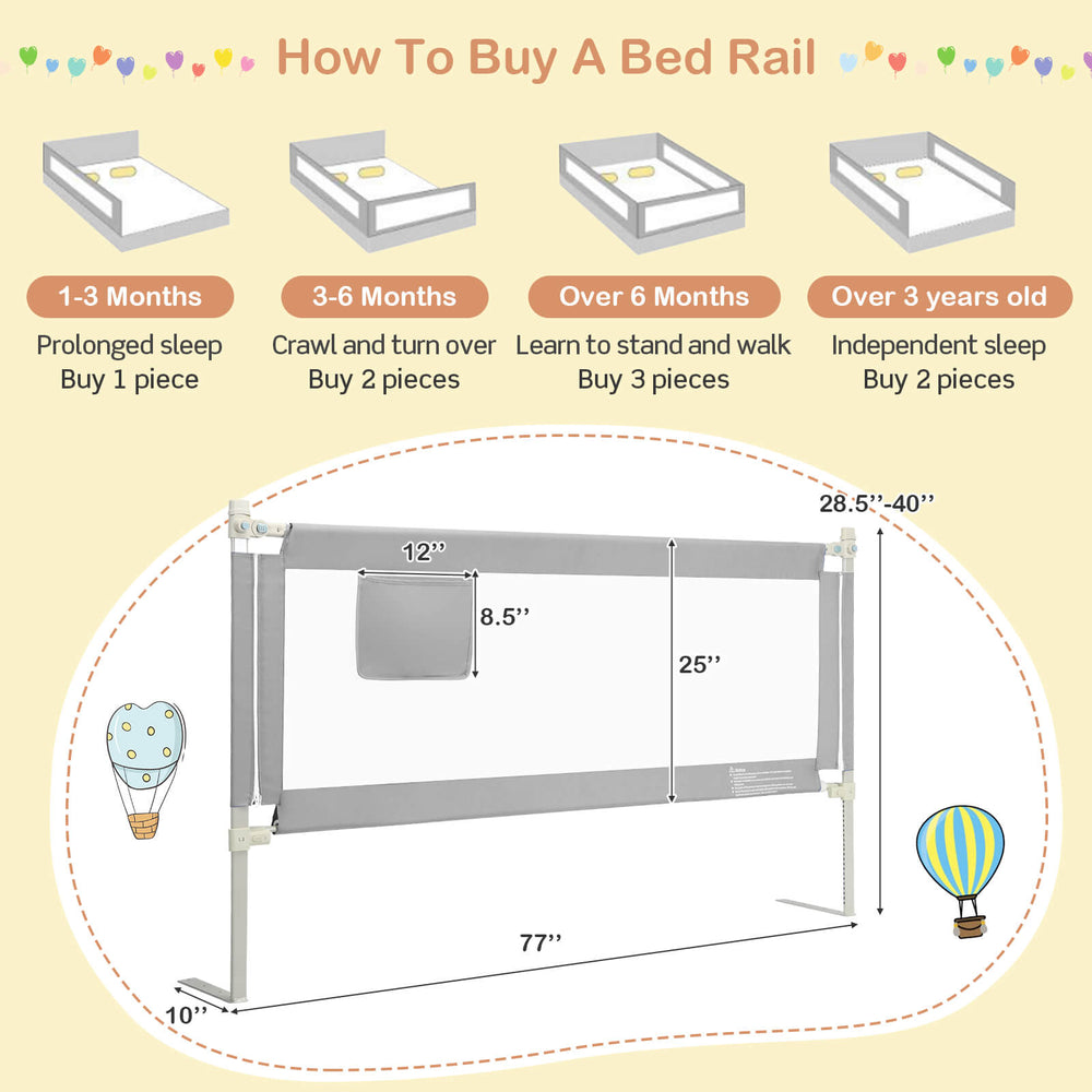 Gray 76.8-inch baby bed rail with double safety lock, 28.5-inch height, adjustable for various mattress thicknesses.