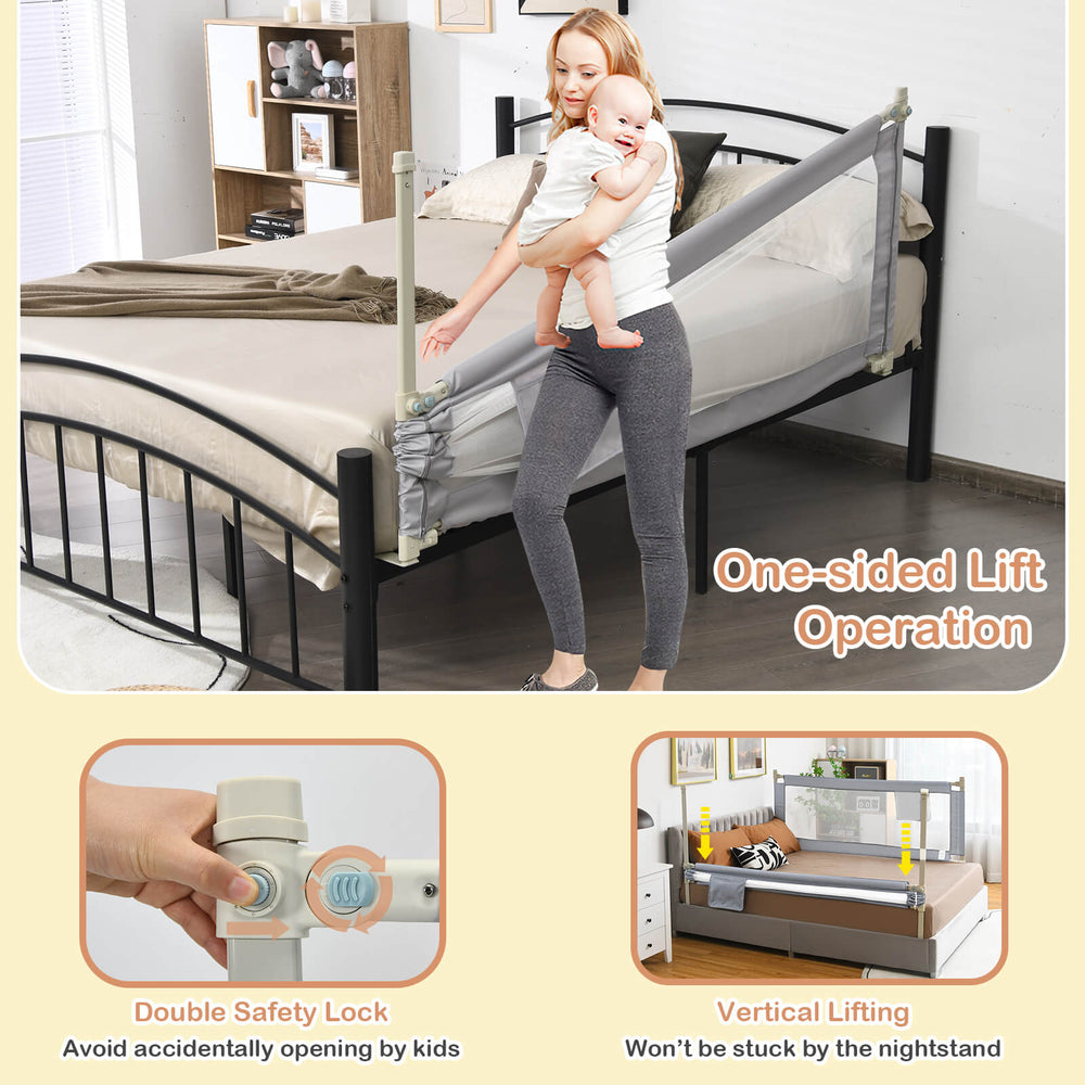 76.8-inch gray baby bed rail with double safety lock, vertical lifting for easy access, and breathable mesh for airflow.