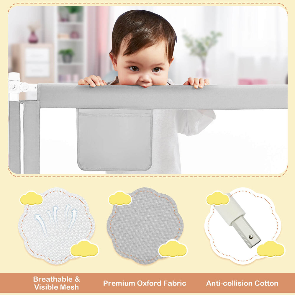 Baby bed rail in gray with breathable mesh, double safety lock, and storage bag for easy access to baby essentials.