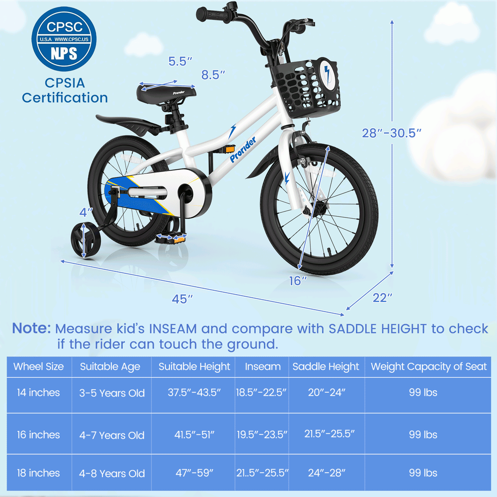 16-inch white kids bike with removable training wheels, adjustable seat, and hand brake for safe riding.