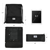 Drawstring backpack in black with zipper pockets, featuring a foldable design and upgraded shoulder straps for comfort.