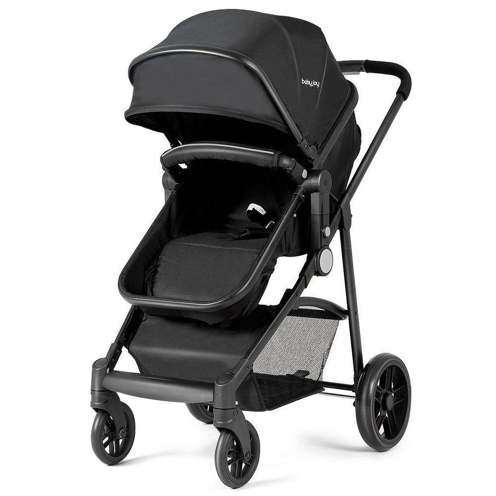 2-in-1 foldable baby stroller in black with adjustable canopy, multi-position recline, and large storage basket for.