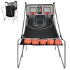 Foldable double electronic basketball game with two hoops, four balls, and a powder-coated steel frame for indoor fun.