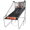 Foldable double electronic basketball game with two hoops, four balls, and an electronic scoreboard for family fun.