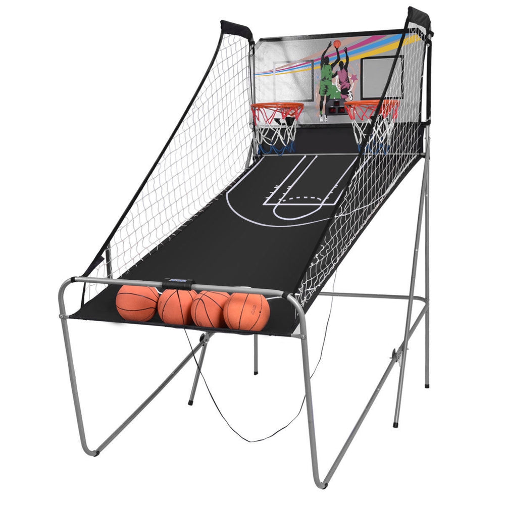 Foldable double electronic basketball game with two hoops, four balls, and an electronic scoreboard for family fun.