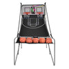 Foldable double electronic basketball game with two hoops, four balls, and an electronic scoreboard for indoor fun.