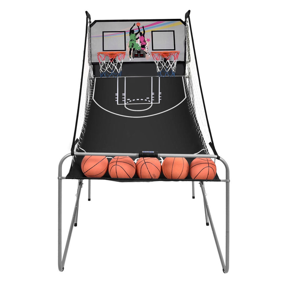 Foldable double electronic basketball game with two hoops, four balls, and an electronic scoreboard for indoor fun.