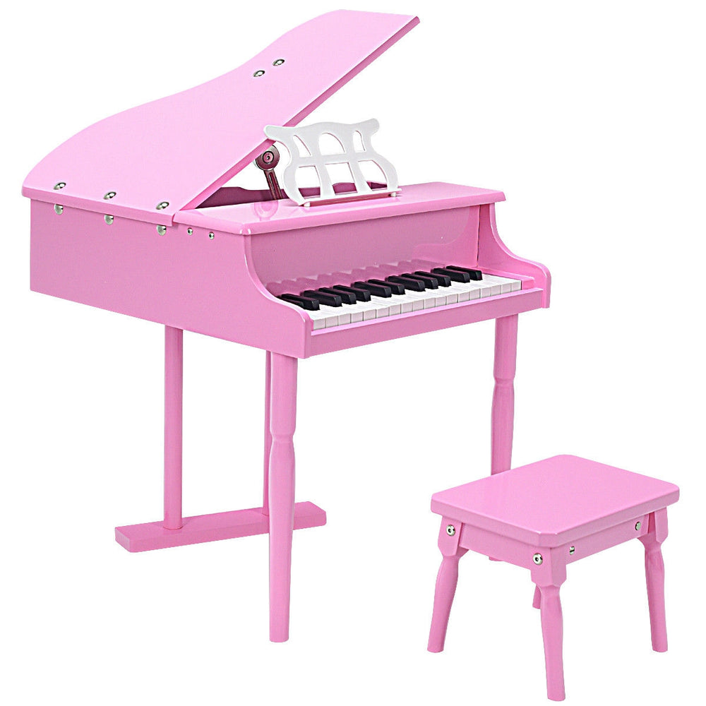 Side view of the pink 30-key mini grand piano with a music score holder and matching bench, perfect for kids aged 1 to.