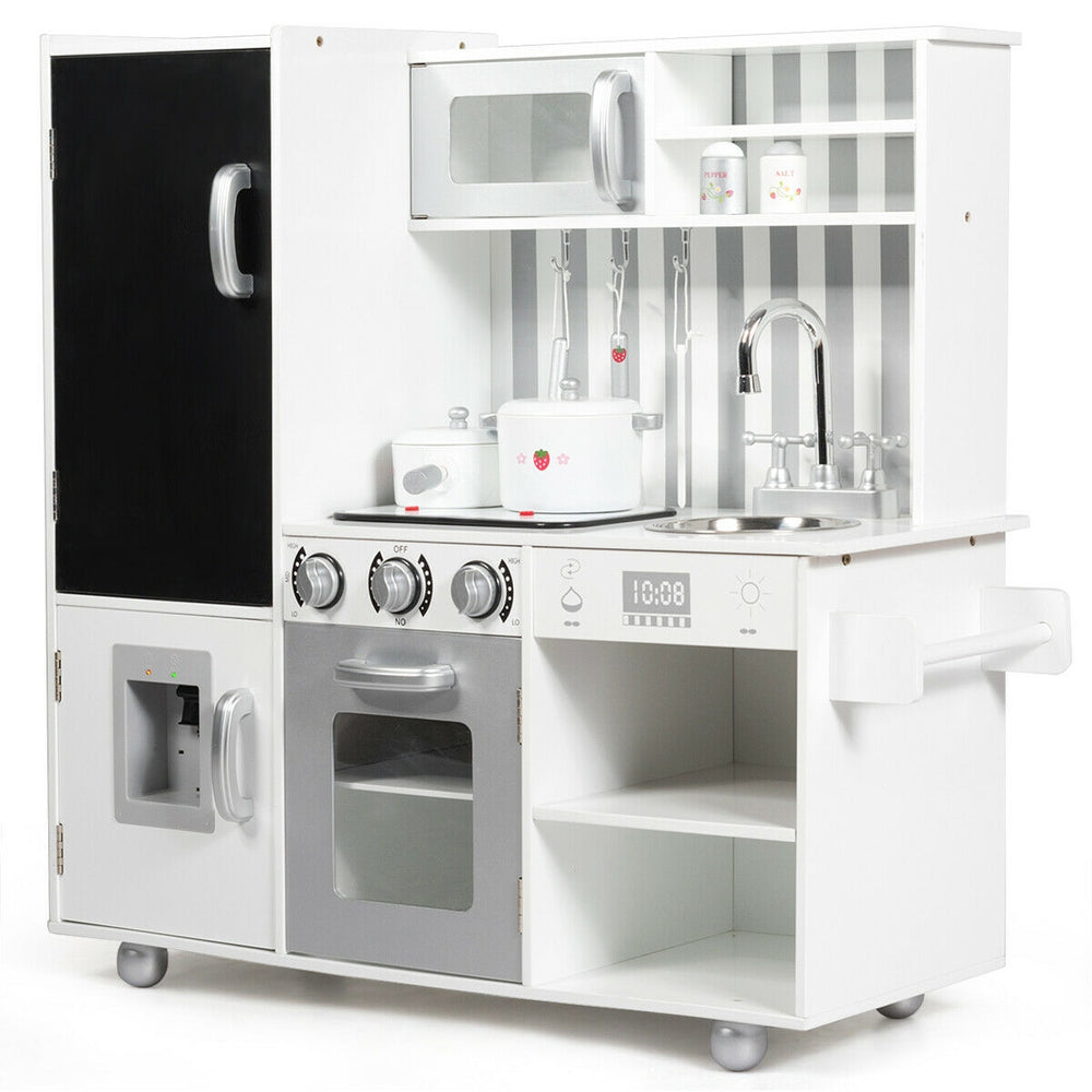 Wooden pretend play kitchen set featuring a stove, sink, refrigerator, and water dispenser for realistic cooking fun.