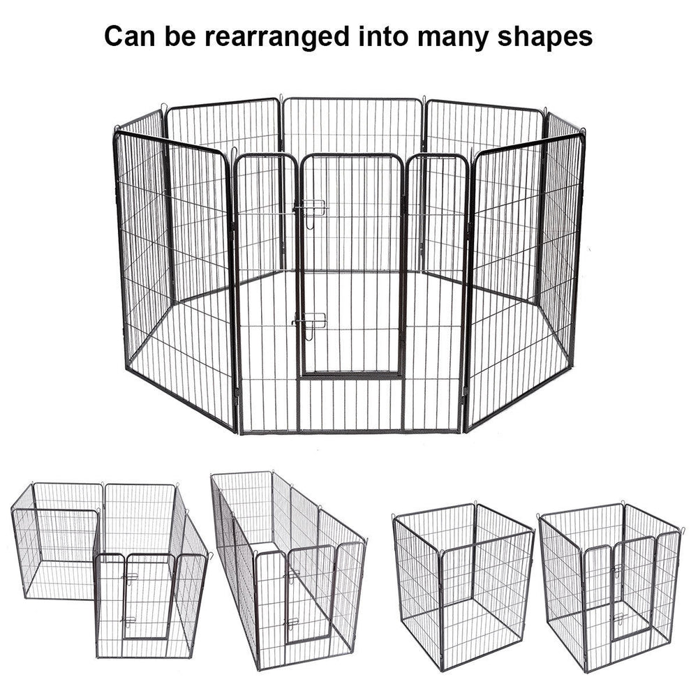 Heavy-duty 8-panel pet playpen with door, rust-resistant metal, customizable shapes for outdoor use.