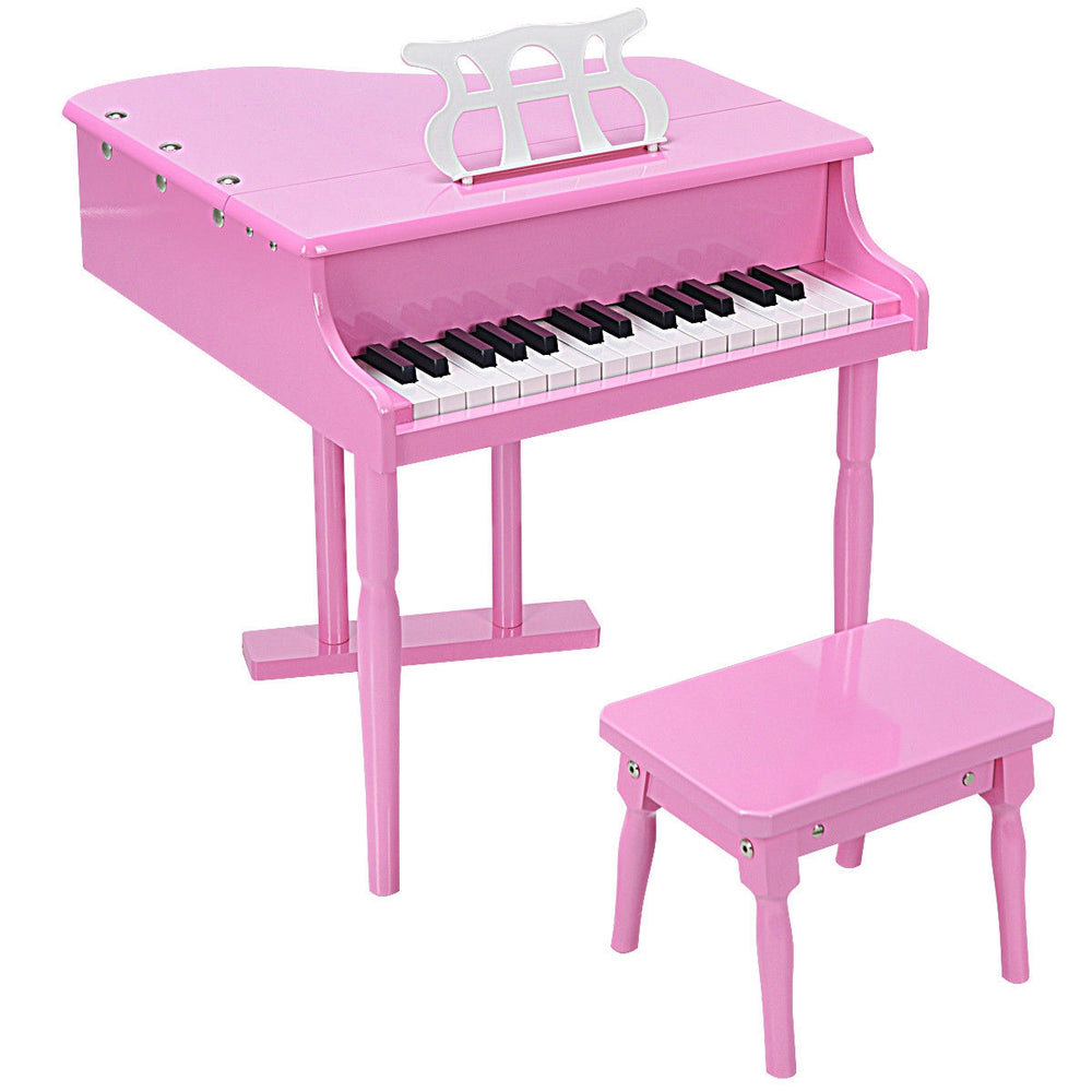 Top view of the pink mini grand piano with 30 keys and matching bench, perfect for inspiring young musicians aged 1 to.