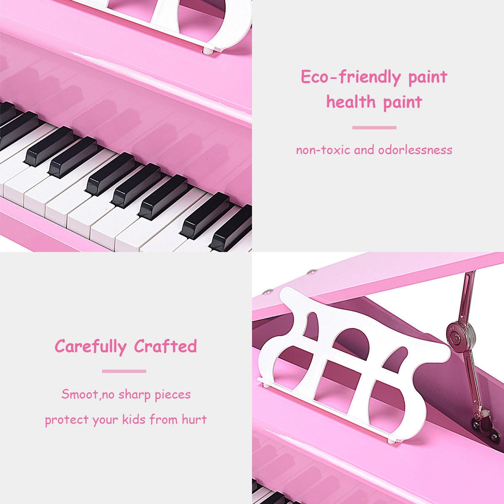 30-key pink mini grand piano with matching bench, crafted with eco-friendly paint for kids aged 1 to 7.