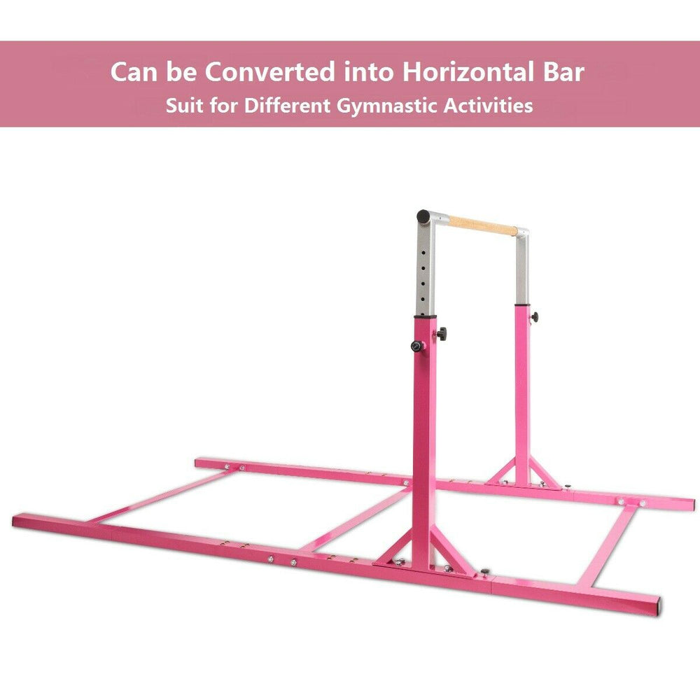 Kids adjustable gymnastics parallel bars in pink, height adjustable from 38" to 55", suitable for various exercises.