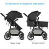 2-in-1 foldable baby stroller in black, shown in toddler and sleeping bassinet positions, ideal for infants up to 36.