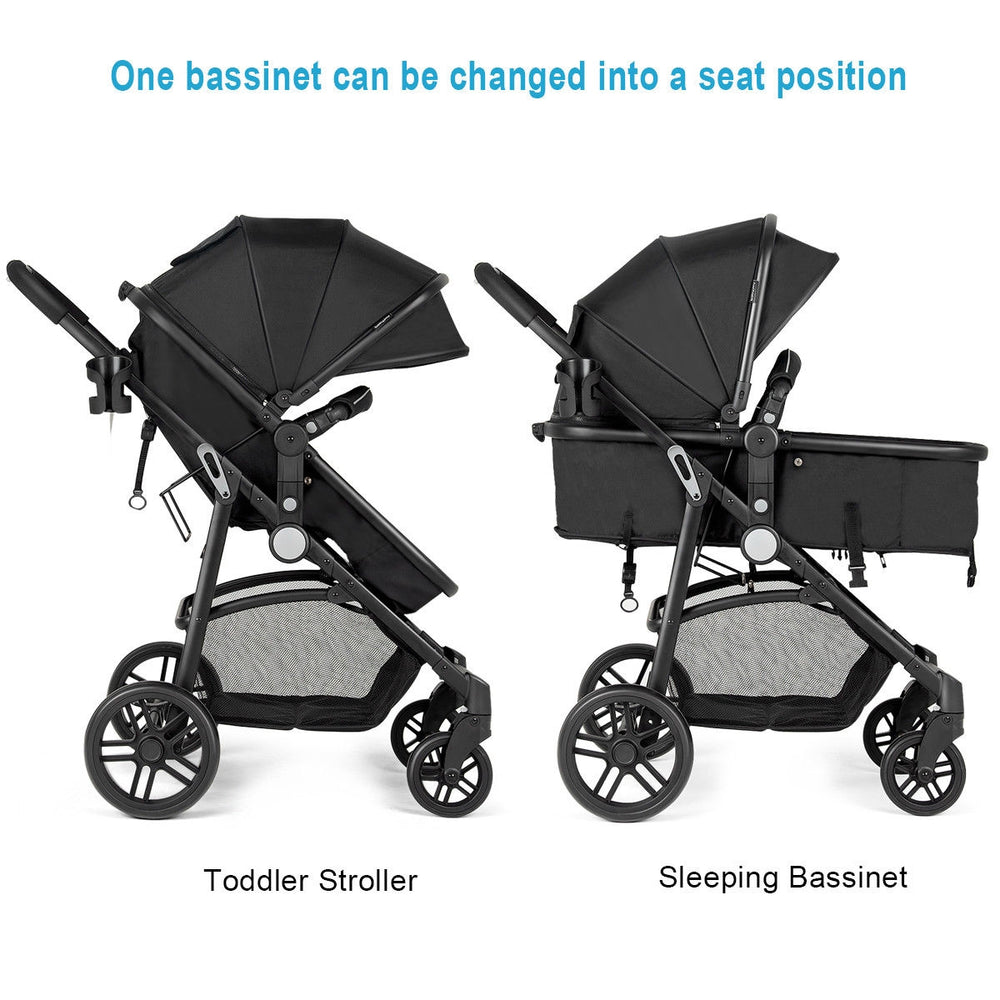 2-in-1 foldable baby stroller in black, shown in toddler and sleeping bassinet positions, ideal for infants up to 36.