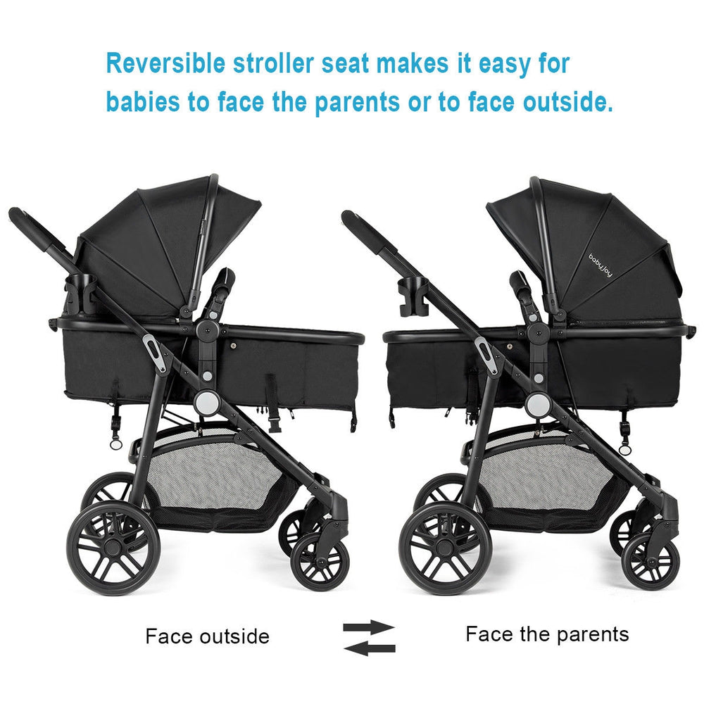 2-in-1 foldable baby stroller in black with reversible seat for infants, featuring adjustable canopy and storage basket.