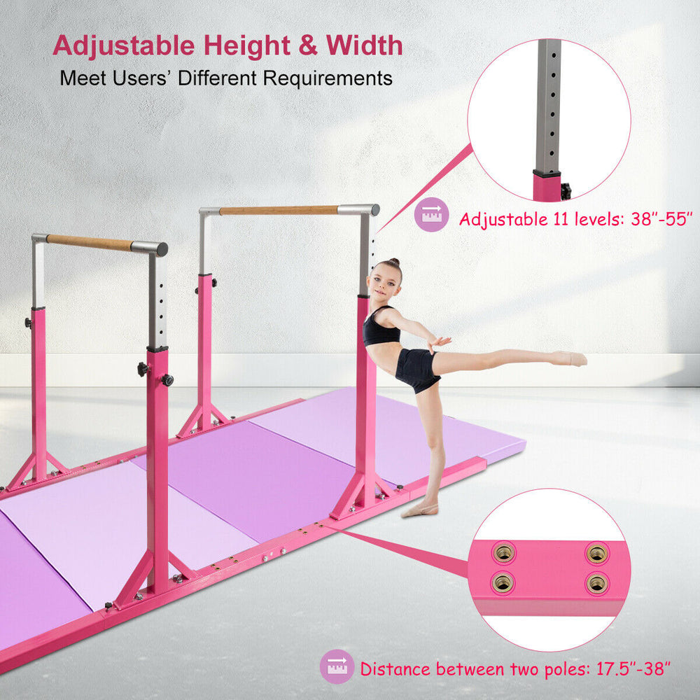 Kids adjustable gymnastics parallel bars in pink, height 38"-55", designed for various exercises and stability.