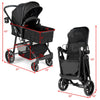 2-in-1 foldable black baby stroller with adjustable backrest, large storage basket, and protective canopy for infants.