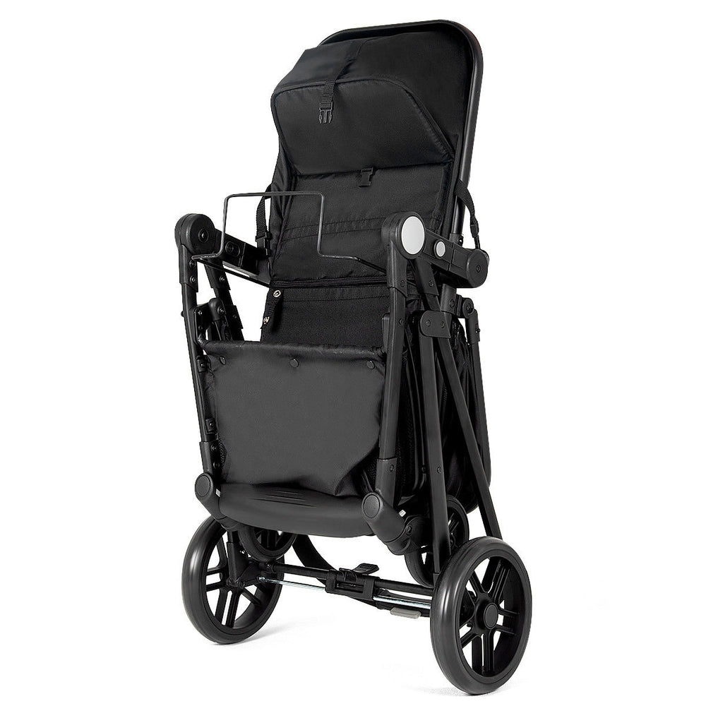 Foldable black 2-in-1 baby stroller with adjustable backrest, large storage basket, and breathable material for infants.