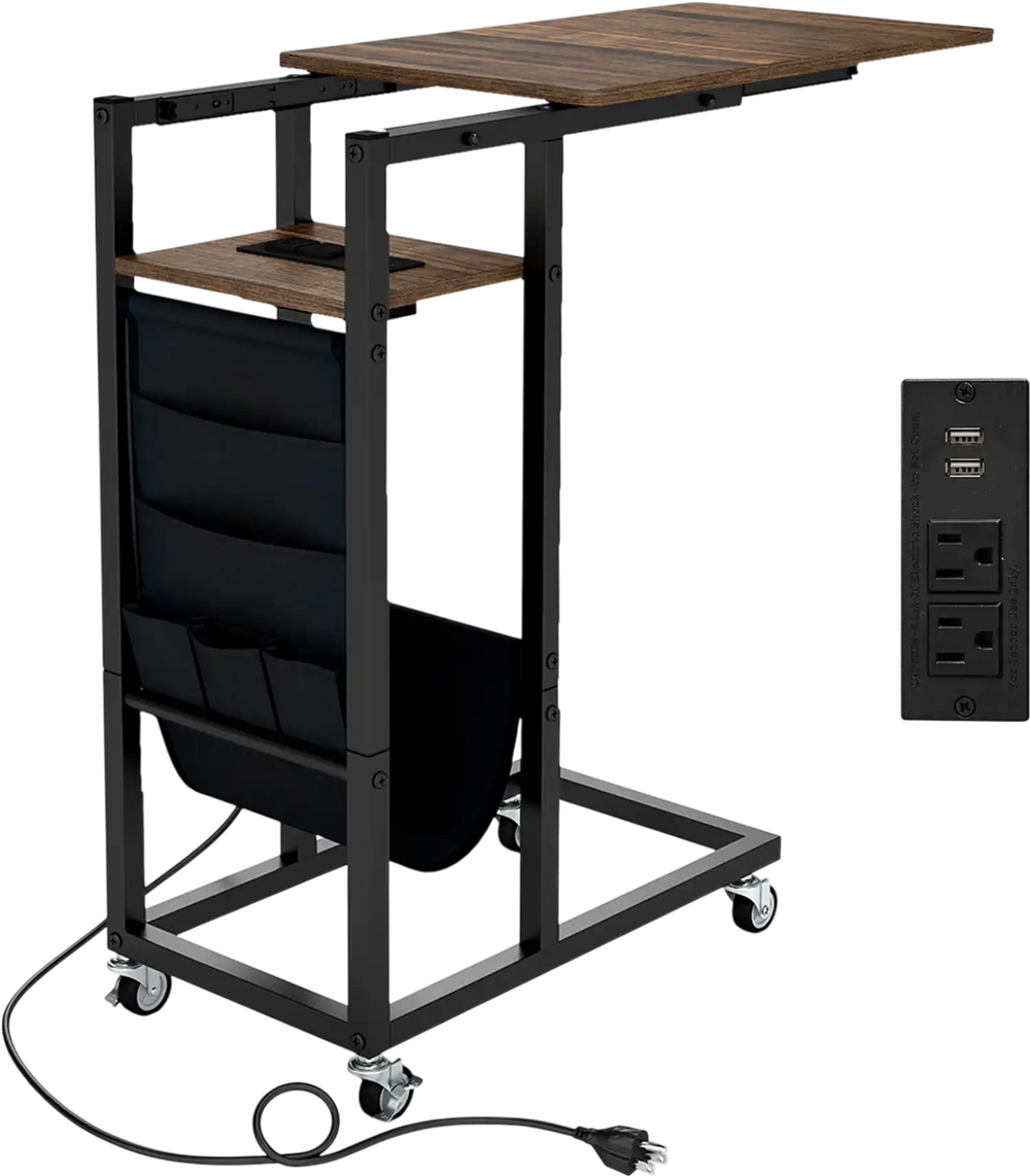 C-shaped end table with retractable tabletop, charging station, and storage pocket, perfect for small spaces.