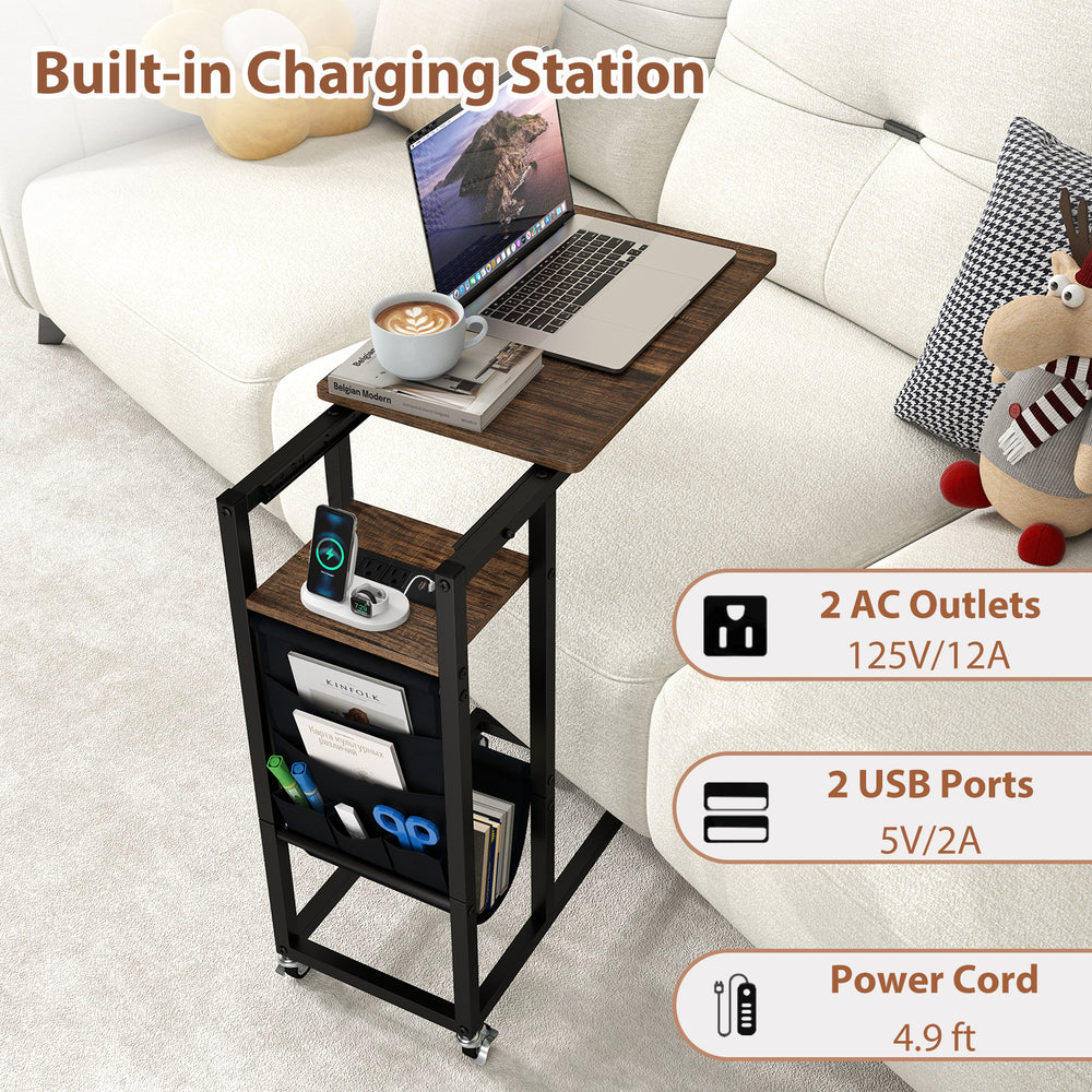 C-shaped end table with retractable tabletop, built-in charging station, and rustic wood grain for versatile storage.