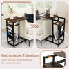 C-shaped end table with retractable tabletop, charging station, and rustic wood grain, perfect for narrow spaces.