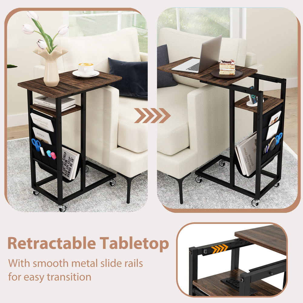 C-shaped end table with retractable tabletop, charging station, and rustic wood grain, perfect for narrow spaces.