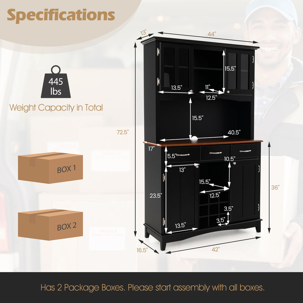 Kitchen storage cabinet in black with wine rack, drawers, and adjustable shelves for versatile organization.