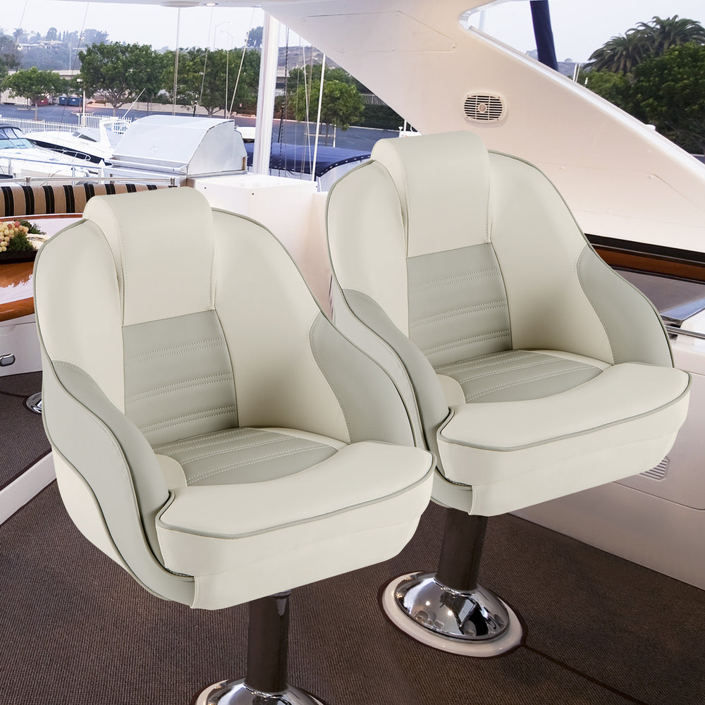 Captain bucket seats in white with waterproof PVC leather, offering ergonomic support for boat sightseeing.
