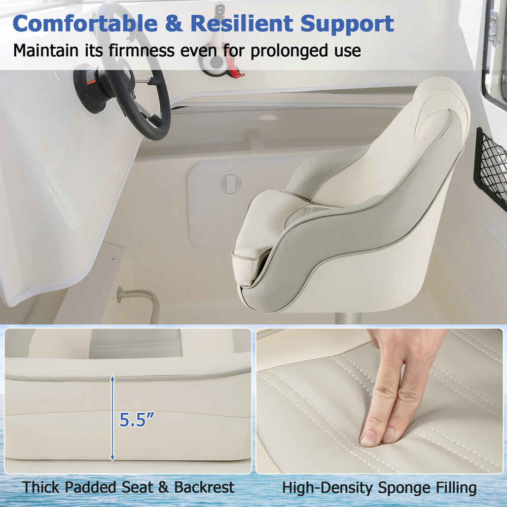 Captain bucket seat in white with thick padded cushion and waterproof PVC leather, ideal for boat sightseeing.