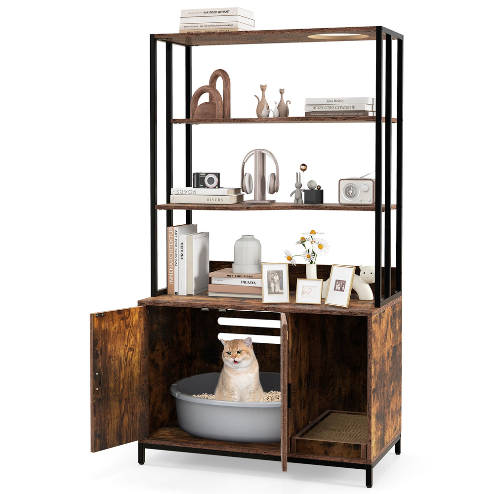 Rustic brown cat litter box enclosure with 3-tier shelves, large storage, and removable scratching pad for discreet use.
