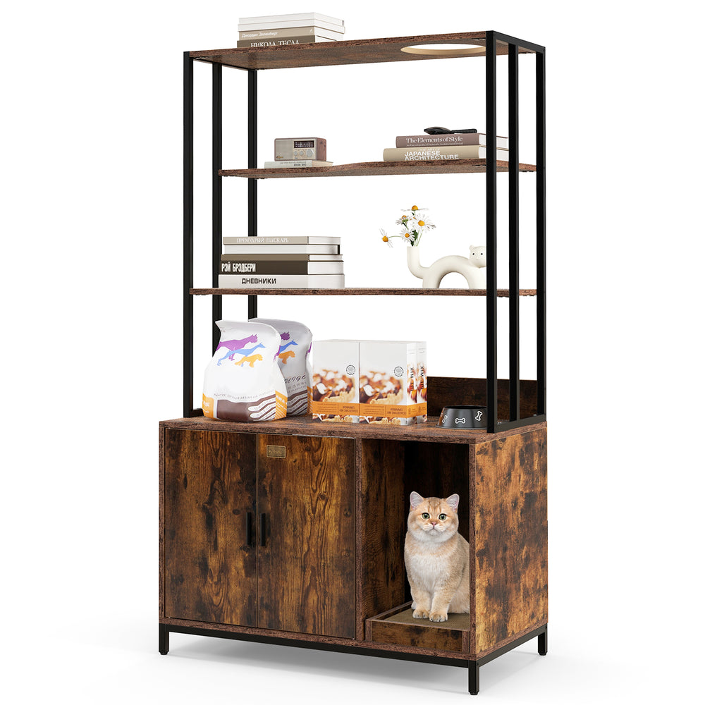 Cat litter box enclosure in rustic brown with 3-tier shelves and storage, featuring a hidden washroom and sturdy metal.
