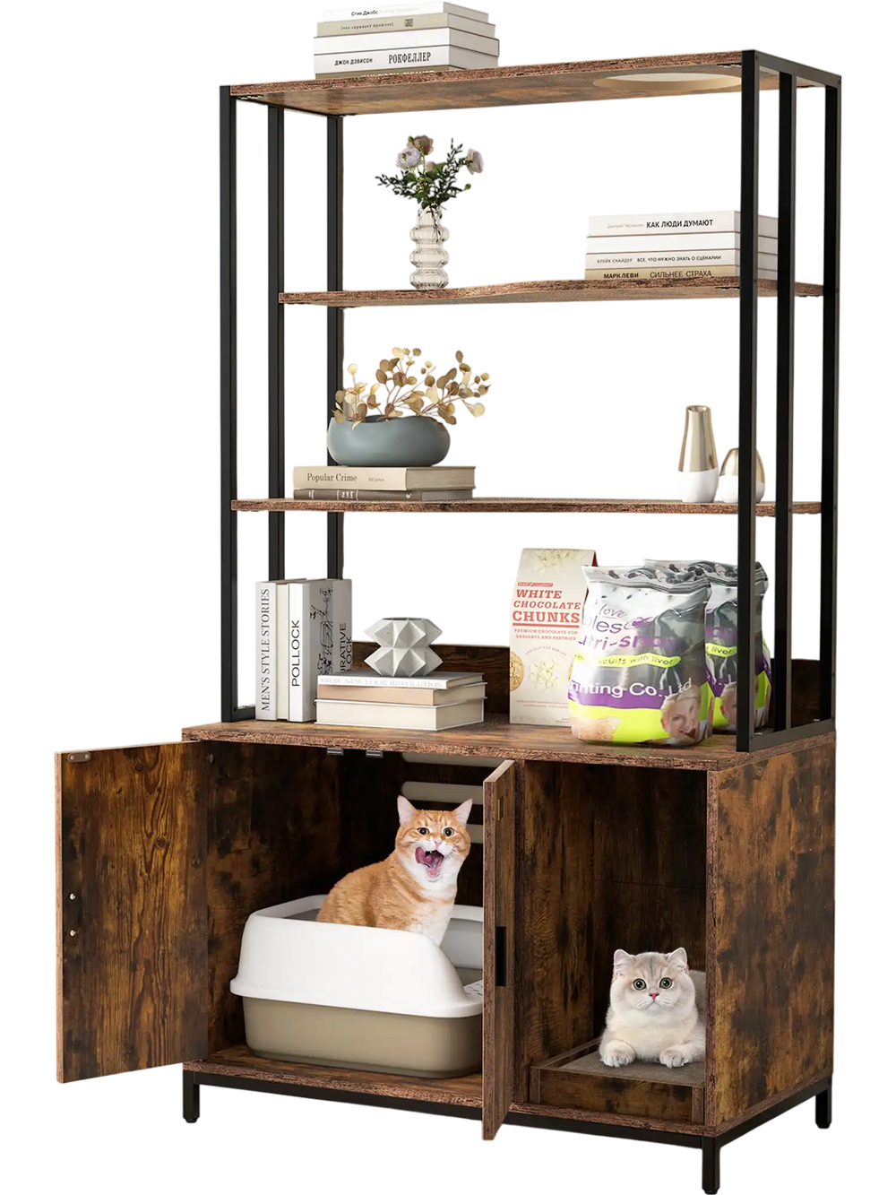 Cat litter box enclosure with rustic brown finish, featuring 3-tier shelves and hidden storage for discreet use.
