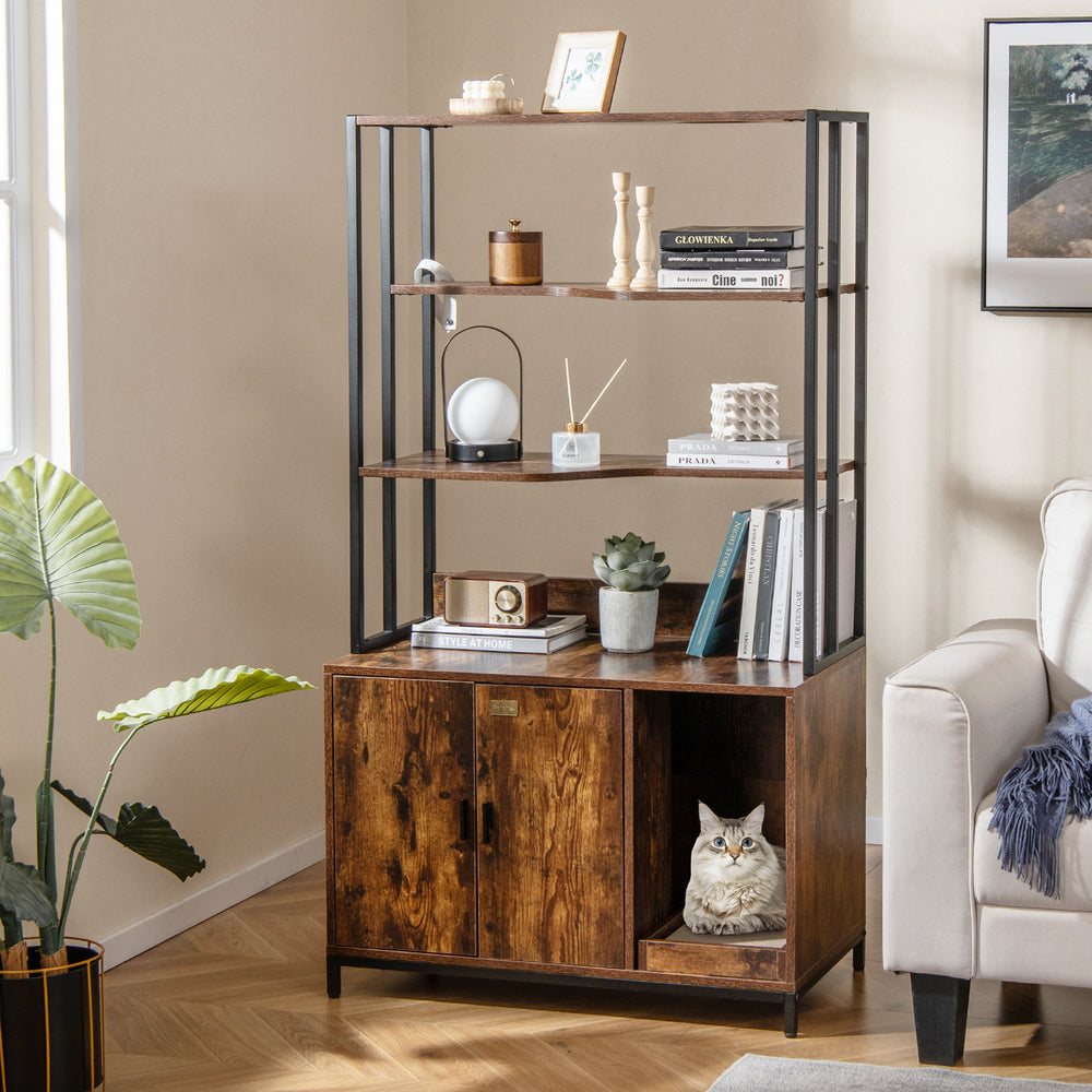 Rustic brown cat litter box enclosure with 3-tier shelves and storage, featuring a sturdy metal frame and hidden design.