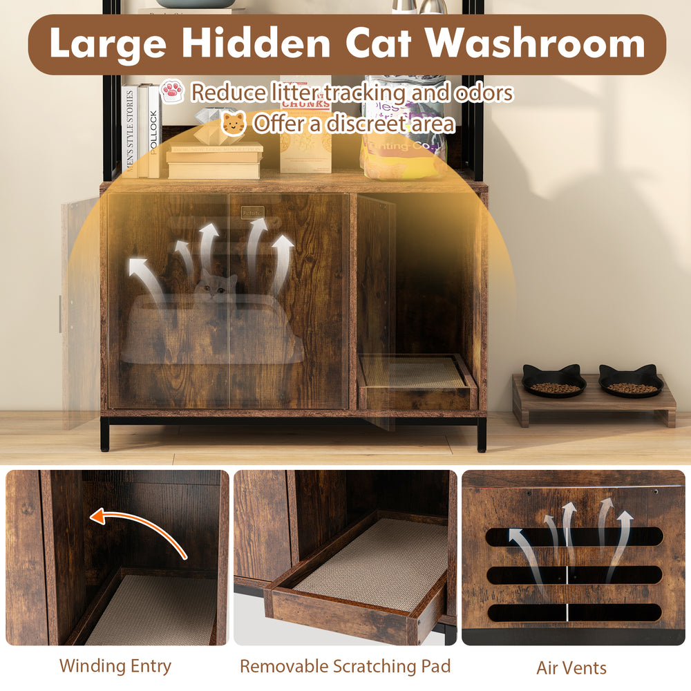 Large hidden cat washroom in rustic brown with removable scratching pad and 3-tier shelves for discreet storage.