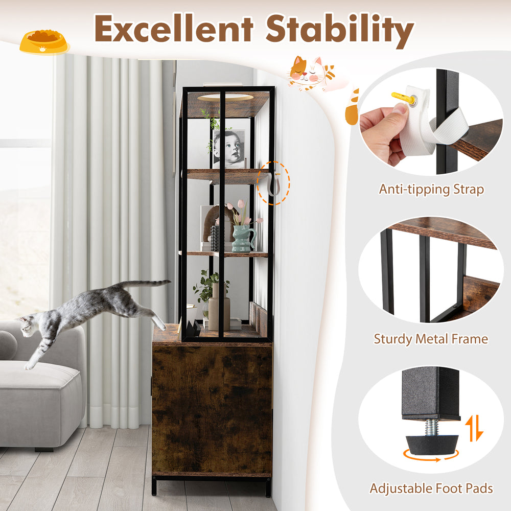Cat litter box enclosure in rustic brown with 3-tier shelves, sturdy metal frame, and adjustable foot pads for.