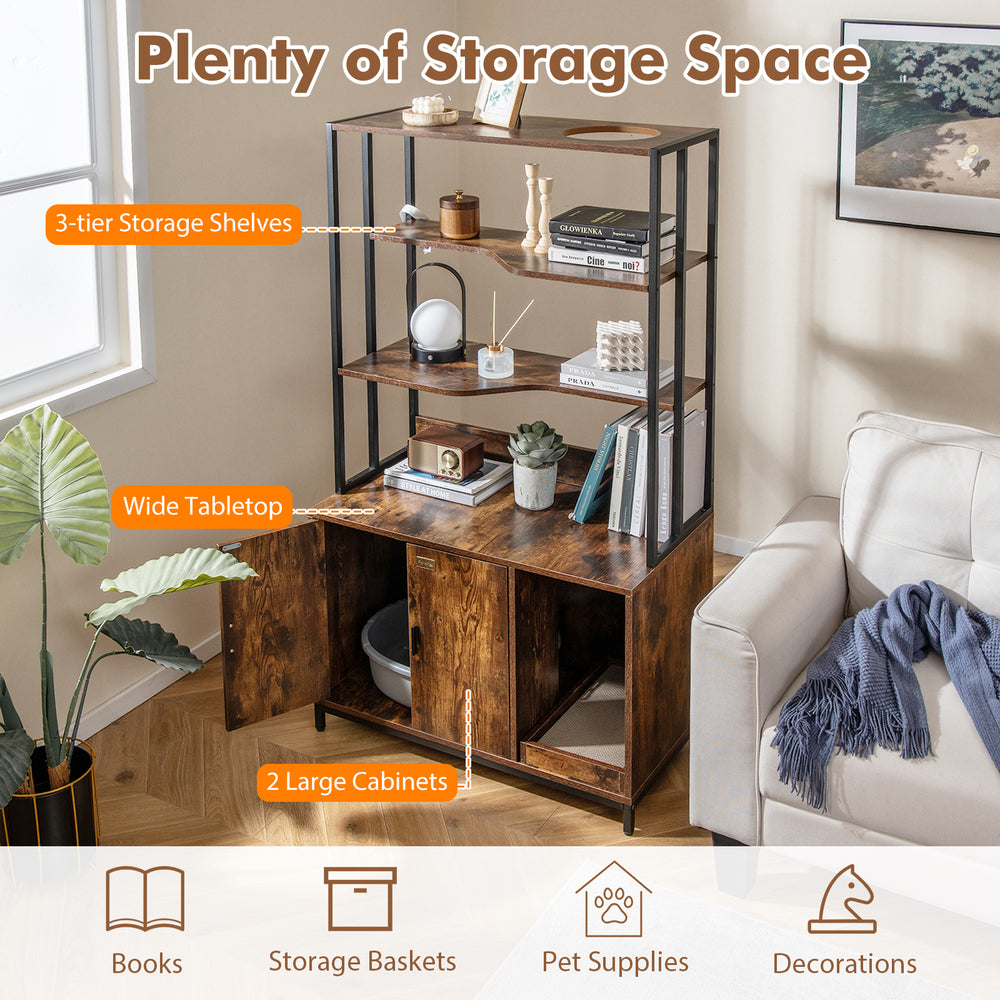 Rustic brown cat litter box enclosure with 3-tier shelves, wide tabletop, and large cabinets for ample storage space.