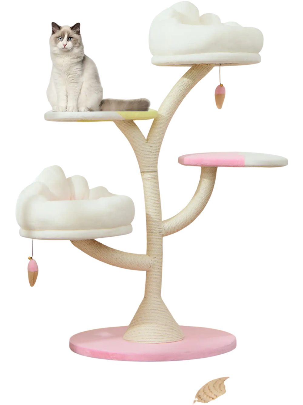 Multi-layer cat tree in pink with two perches and platforms, featuring soft fabric and sisal scratching post for.