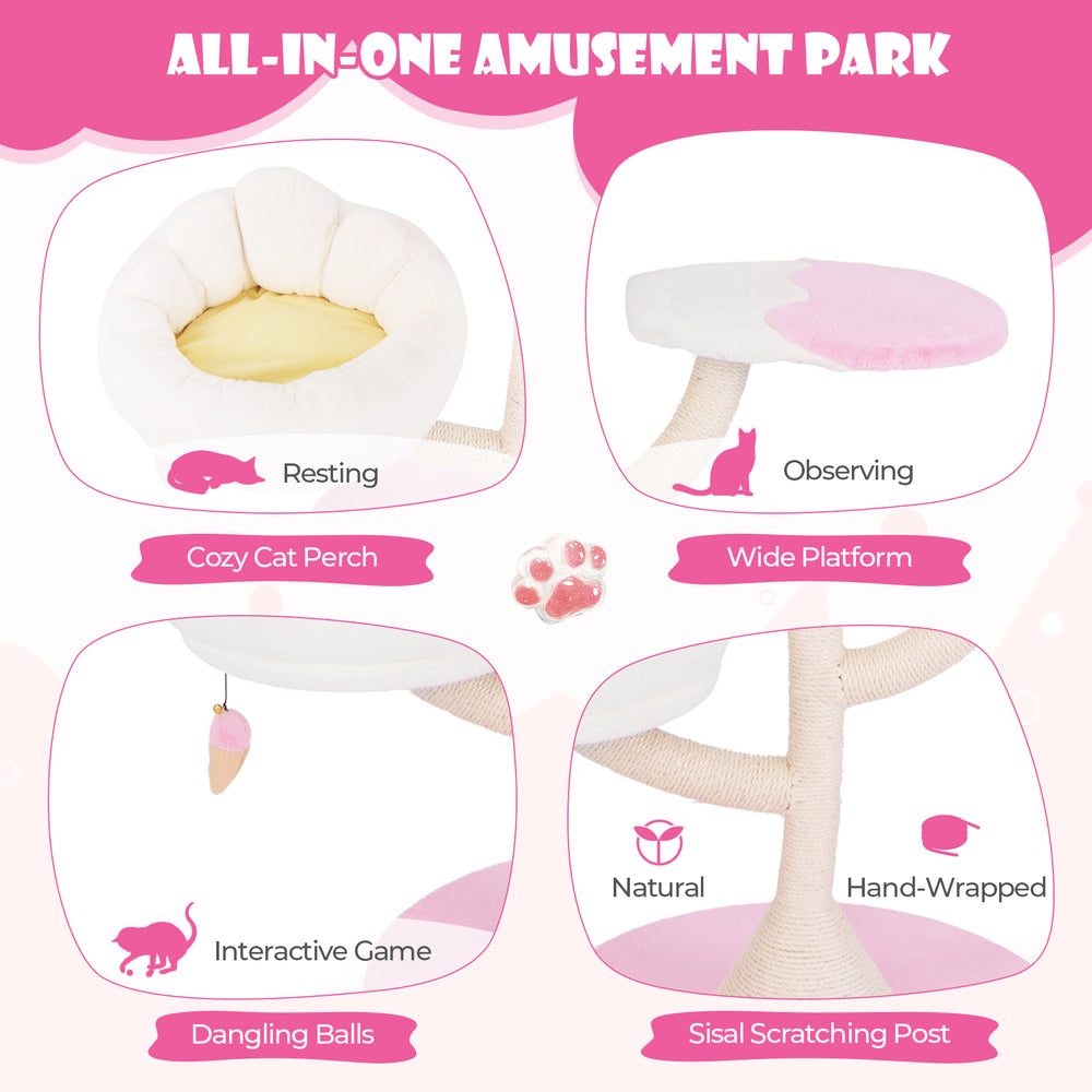 Multi-layer cat tree in pink with cozy perches, sisal scratching post, and dangling balls for interactive play.