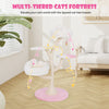 Multi-tiered cat tree in pink with two perches and platforms, featuring removable covers and sisal scratching post.
