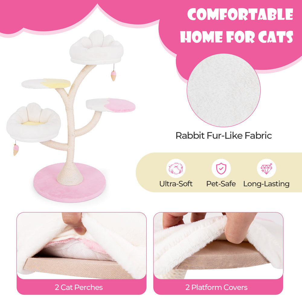 Multi-layer cat tree in pink with two perches, featuring rabbit fur-like fabric for comfort and stability.