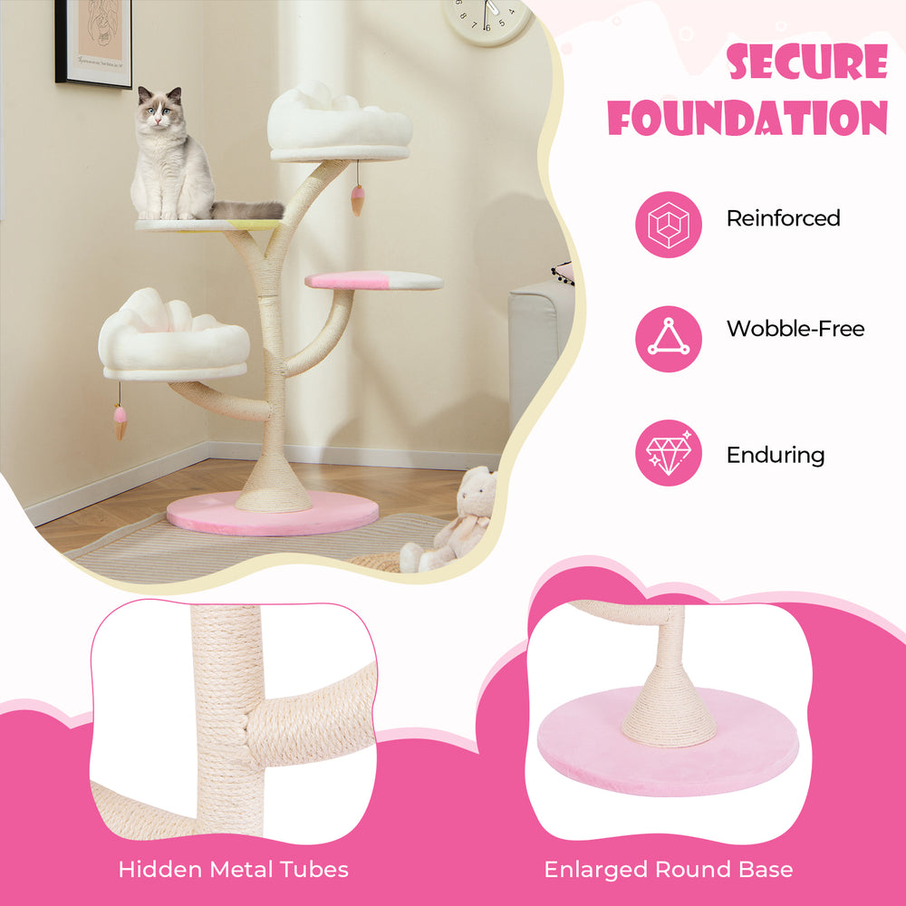 Multi-layer cat tree in pink with two perches, removable covers, and a secure, enlarged round base for stability.